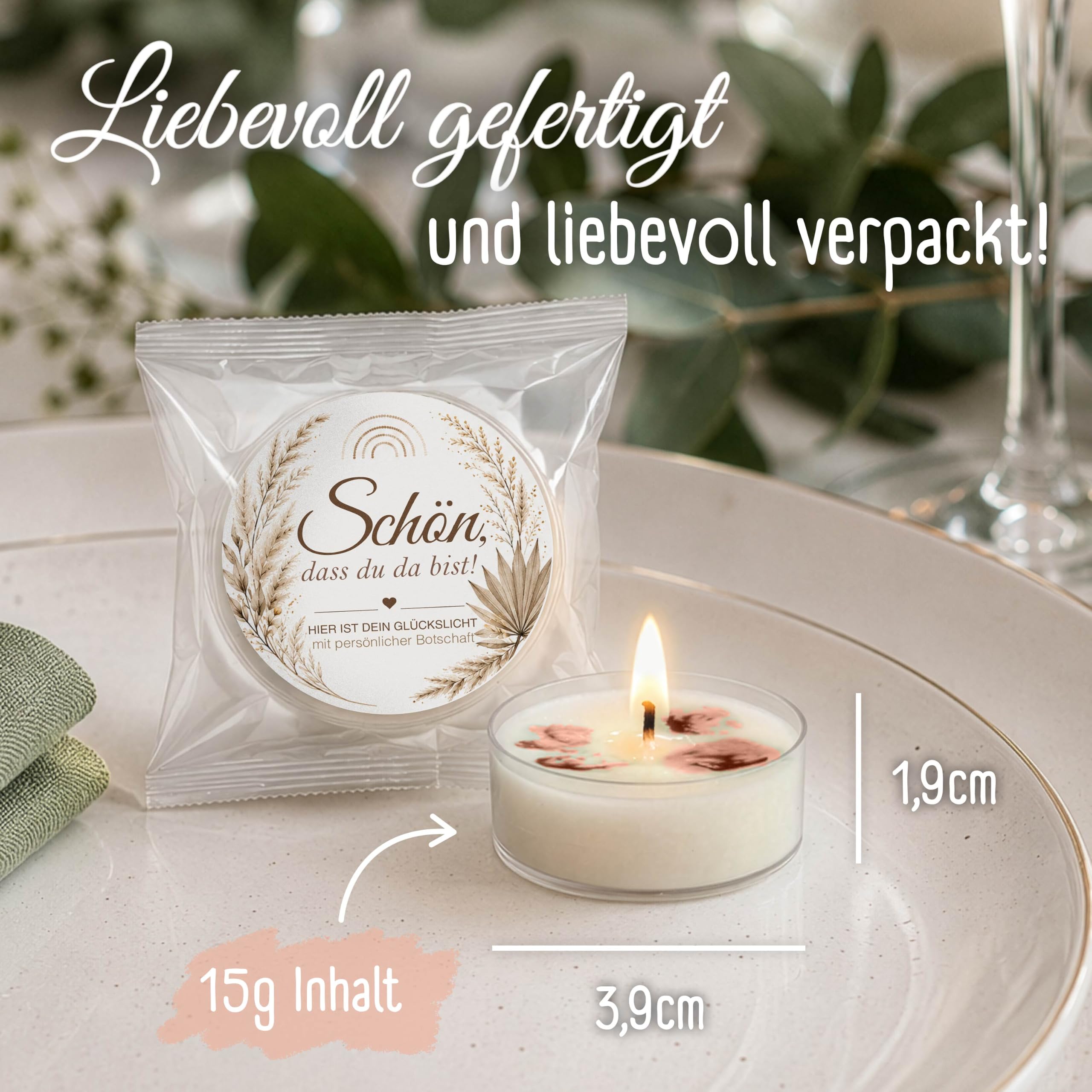 Gastgeschenke Hochzeit 36x Teelichter mit Spruch Schön dass du da bist | Boho Bohemian Stil, Hochzeit vegane Mitgebsel, Tischdeko, Gastgeschenk für Gäste, wie Glückskekse,handgemacht in Berlin
