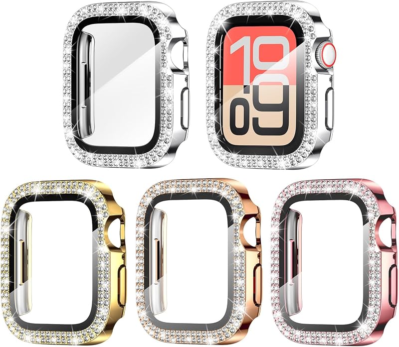 Goton 4-Pack Bling Case with Glass for Apple Watch 40mm SE/Series 6/5/4 | Sparkling Rhinestone Bumpers Built-in Glass Screen Protector for iWatch Cover Accessories Women, Sensitive Touch