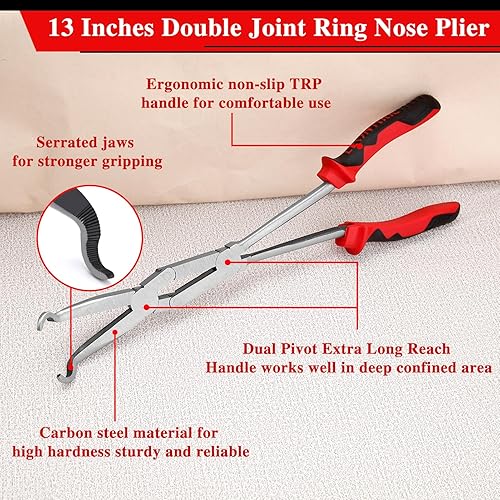 Miniatura 2 de Alicates de nariz de anillo pivote XL de 13 pulgadas de largo alcance con mandíbula dentada, alicates de extracción de manguera, alicates de