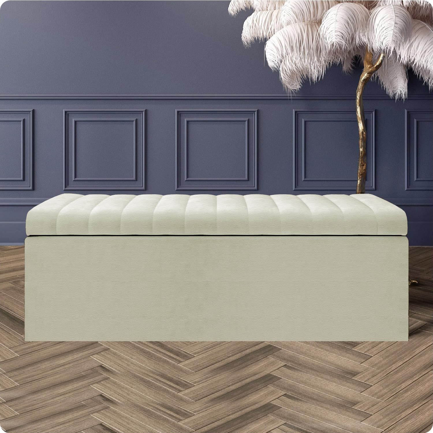 Naples Velvet Ottoman Storage Box, Upholstered Blanket Box with Hinged Lid, Bedroom Storage Ottoman, End of Bed Storage Bench, Padded Ottoman Storage Seat for Living Room & Hallway