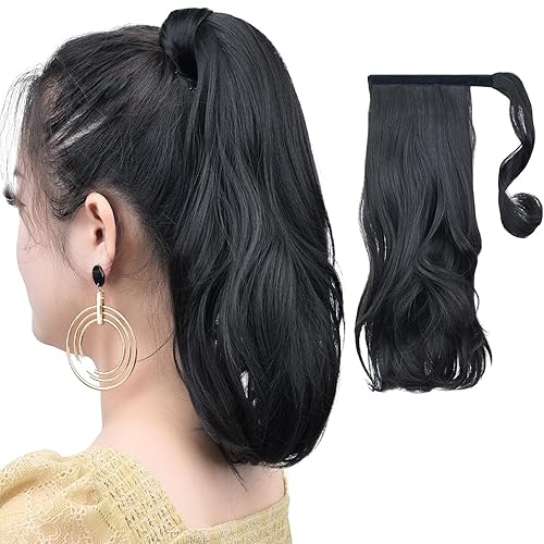 Miniatura 1 de SYXLCYGG Extensión de cola de caballo envolvente con clip marrón de 16 pulgadas, 4.2 onzas, extensiones de cabello negro sintético para niña, peluca