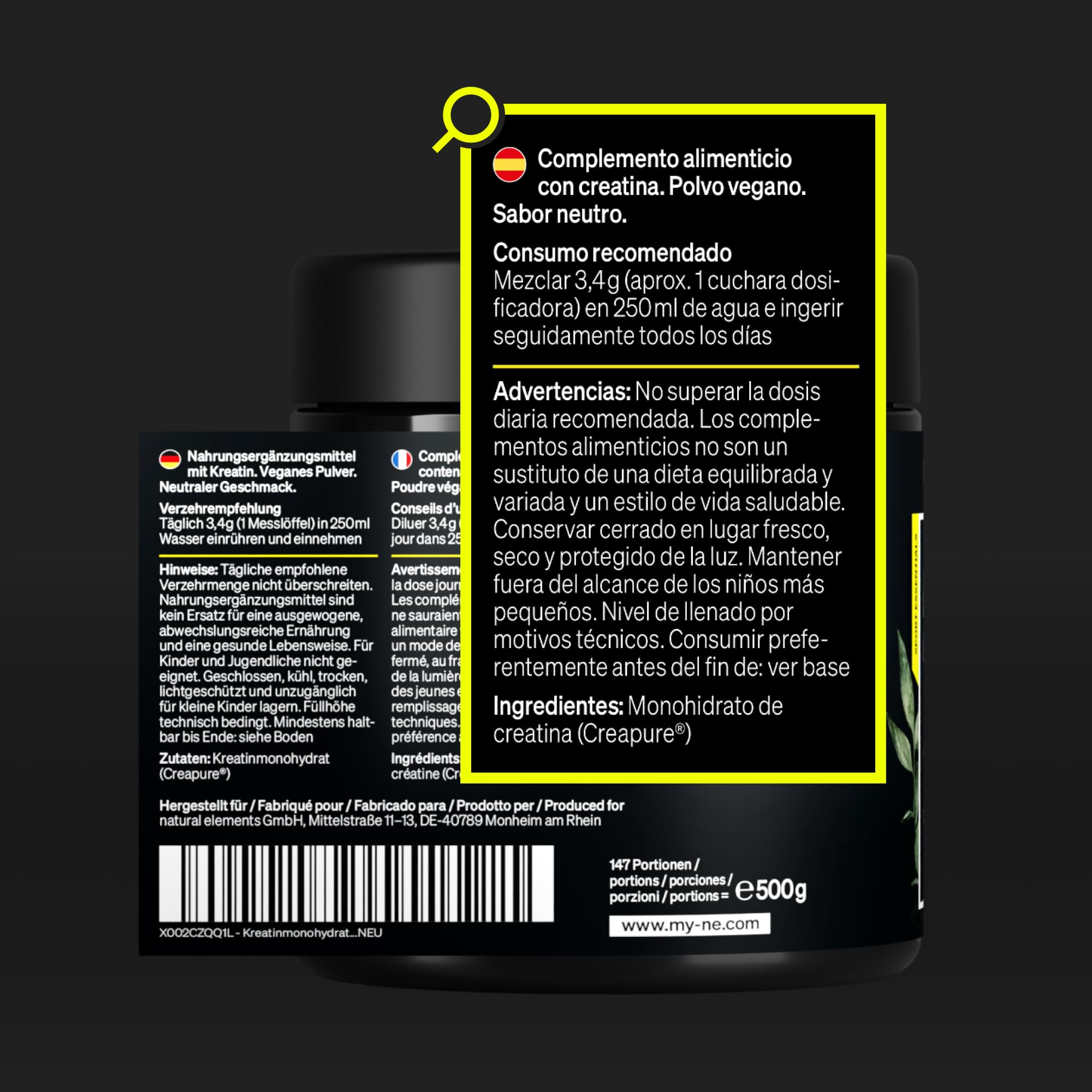Creatina Monohidrata en Polvo 500g - 147 porciones de creatina Creapure® - Soporte premium para fuerza muscular* - Creatine vegana con dosificador - Sin sabor y sin aditivos innecesarios