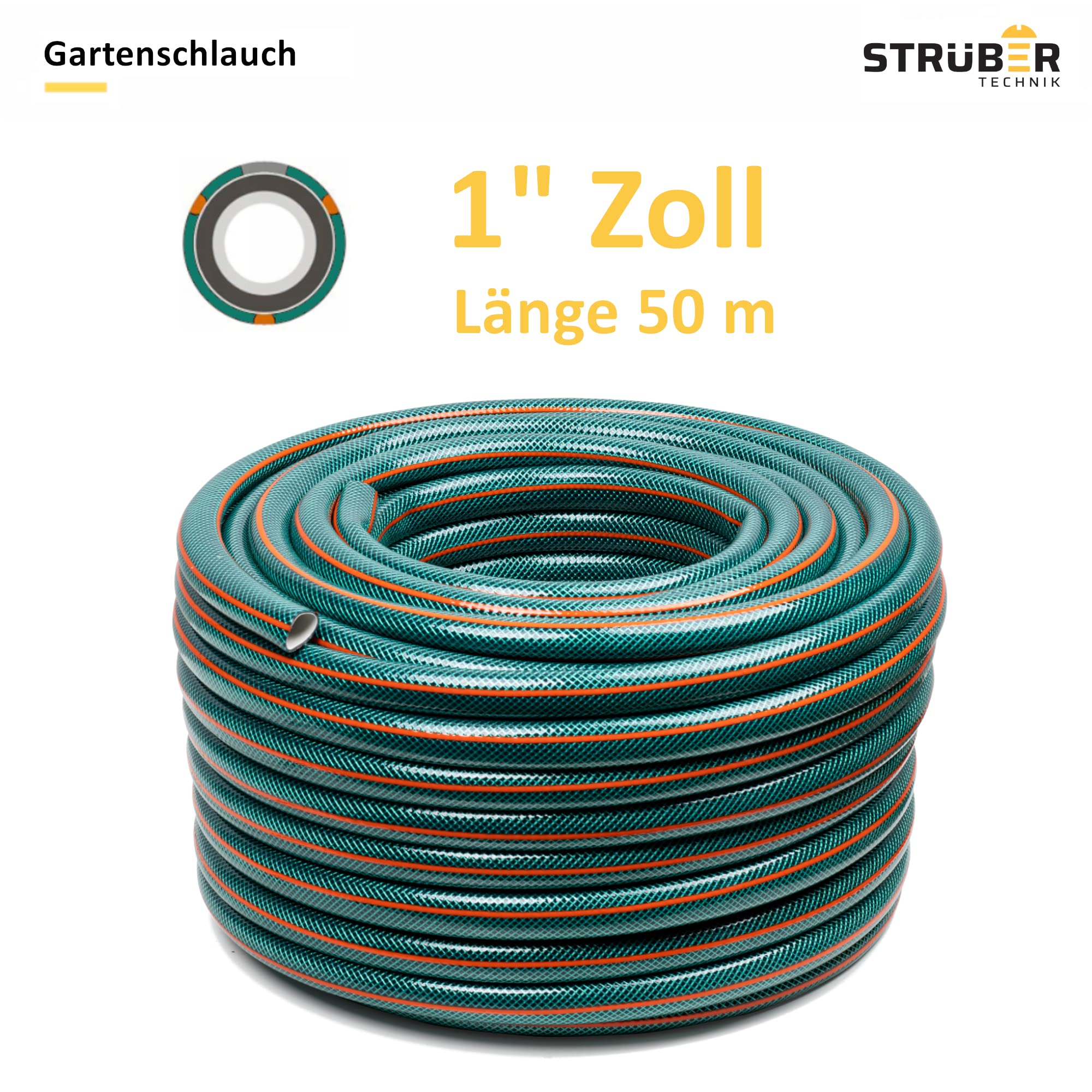 STRÜBER Gartenschlauch 1 Zoll, 50 m Länge, 4-lagig | Bewässerungsschlauch, Kreuzgewebe, UV-beständig, PVC flexibel