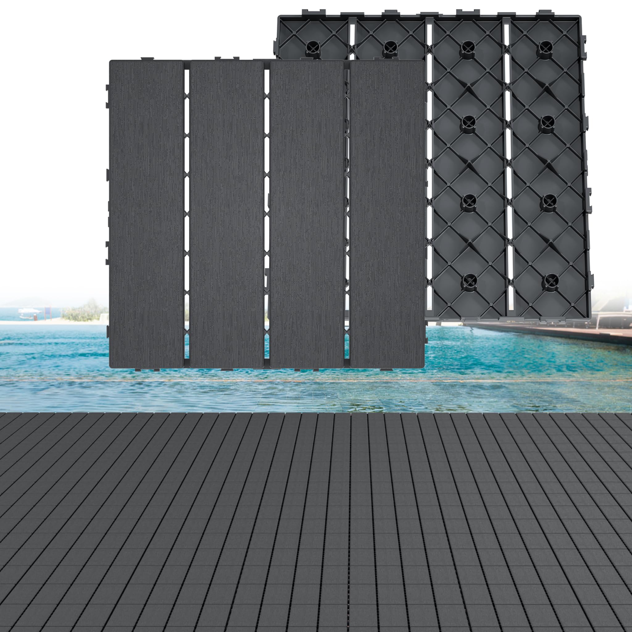Yunvin Garden Decking Tiles, 30 x 30cm Plastic Composite Interlocking Flooring, Weatherproof Outdoor Drainage Floor Coverings for Patio, Balcony, Pack of 55, Anthracite