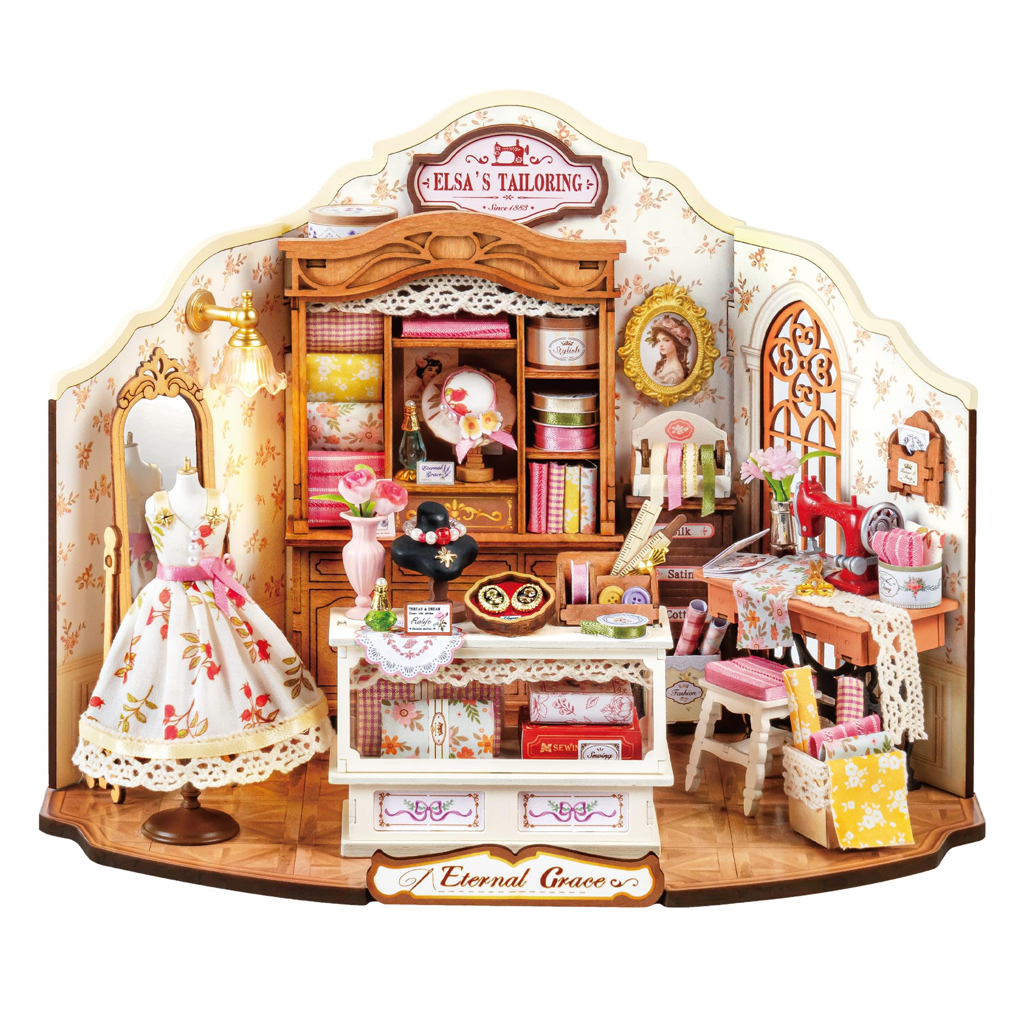 ROBOTIME Kit Casa delle Bambole in Miniatura Elsa's Tailoring, Kit di Costruzione in Legno con Luci LED, Miniature da Costruire per Adulti, Decorazione per la Casa, Regalo per Donne e Ragazze