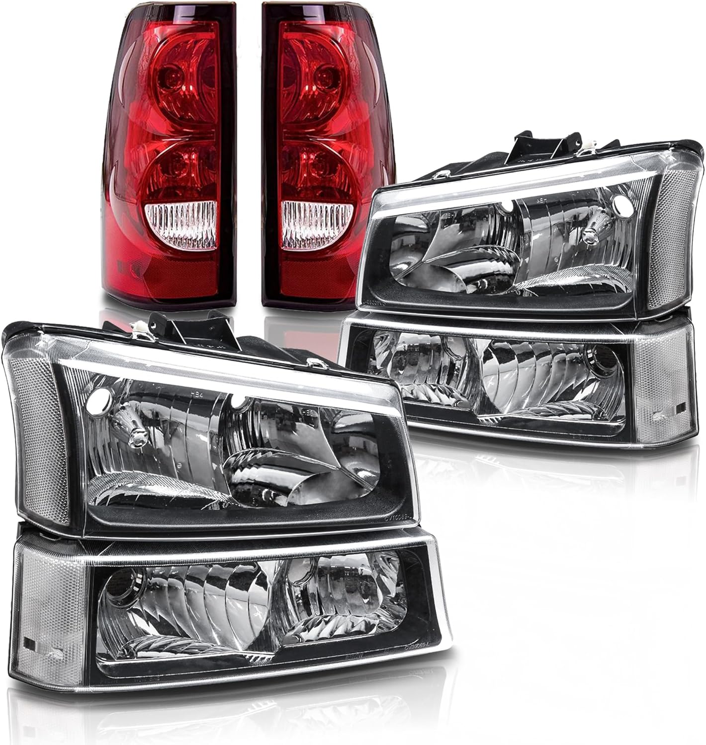 Headlight Assembly w/ Tail Lights Set Compatible with 2003 2004 2005 2006 Chevy Silverado 1500 2500 3500, Black Housing Headlamp Bumper Turn Signal Lights w/ Red Taillights Rear Brake Lamp