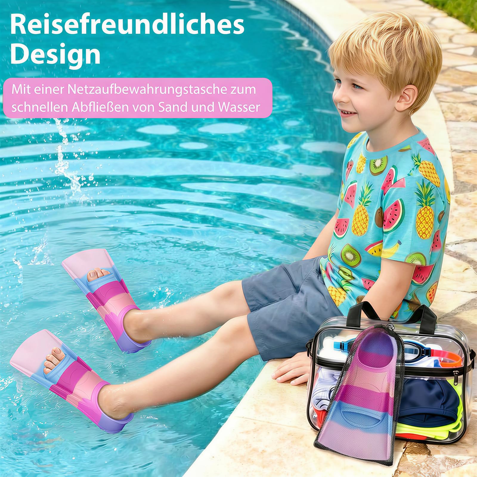 QcoQce Schwimmflossen Kinder, 100% Silikon Kinder flossen und Kurzflossen zum Schnorcheln, Tauchen, Training und für den Urlaub, in praktischer Reisegröße mit Netzbeutel für Pool und Strand.