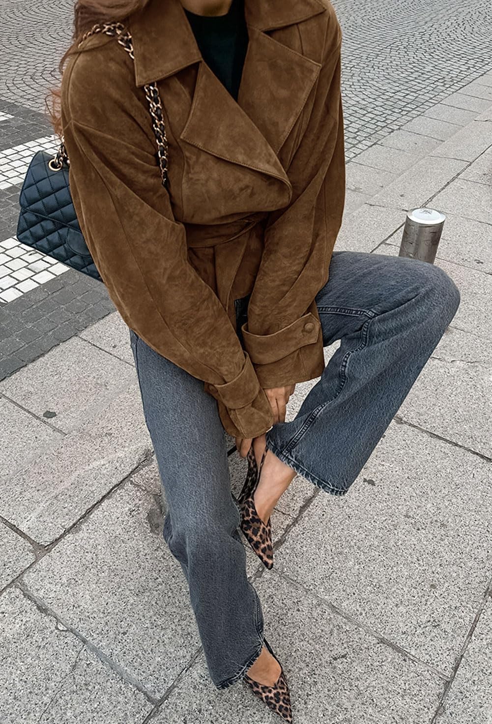 CHARTOU Faux Suede Leather Jacket 2025 Vintage Casual Cropped Wrap Coat with Belt - Image 2