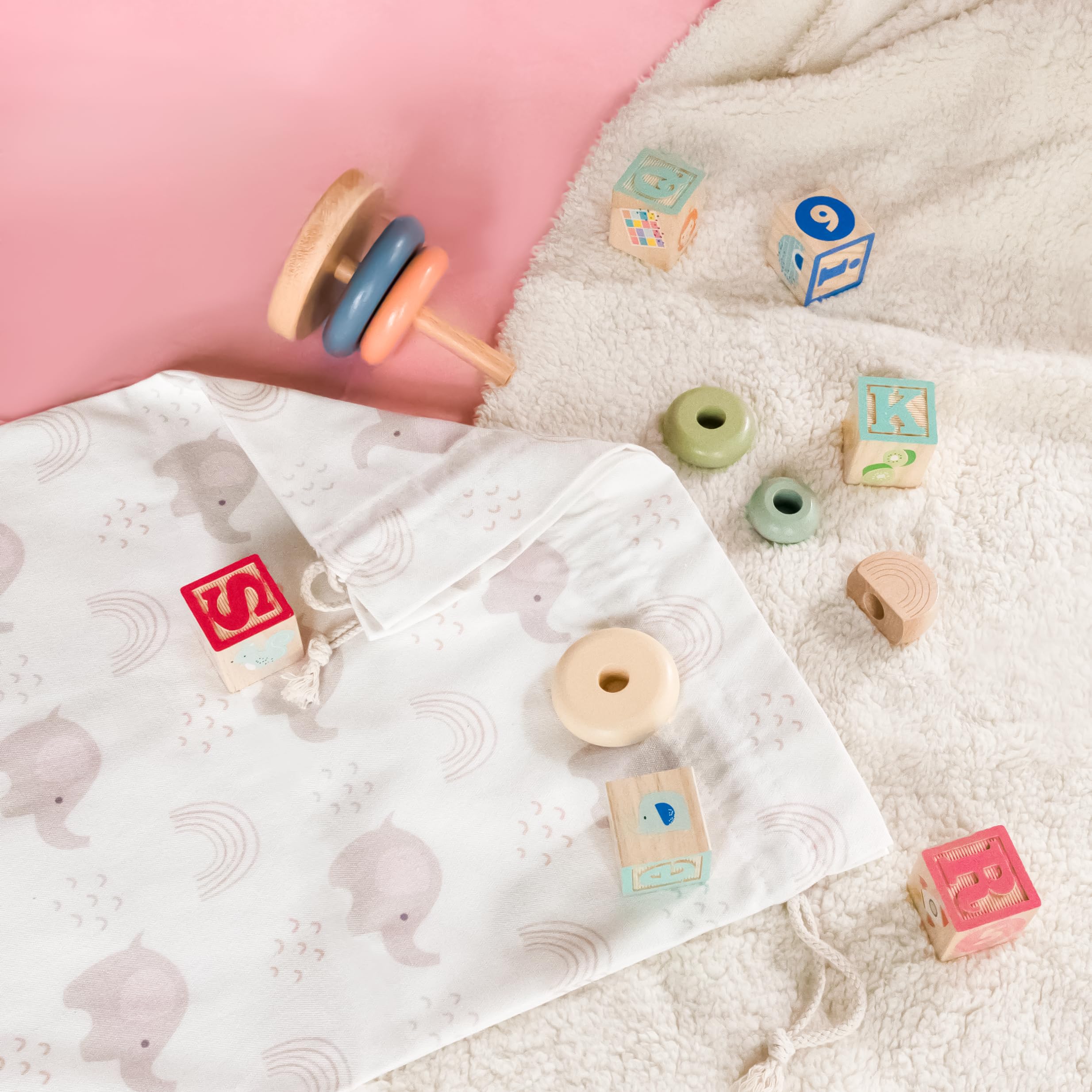 Torby na prezenty ze sznurkiem do zbierania i węzłów, płótno premium, 56 cm, bardzo duże | tkanina wielokrotnego użytku na baby shower lub urodziny | XL słoń różowy płaski spód