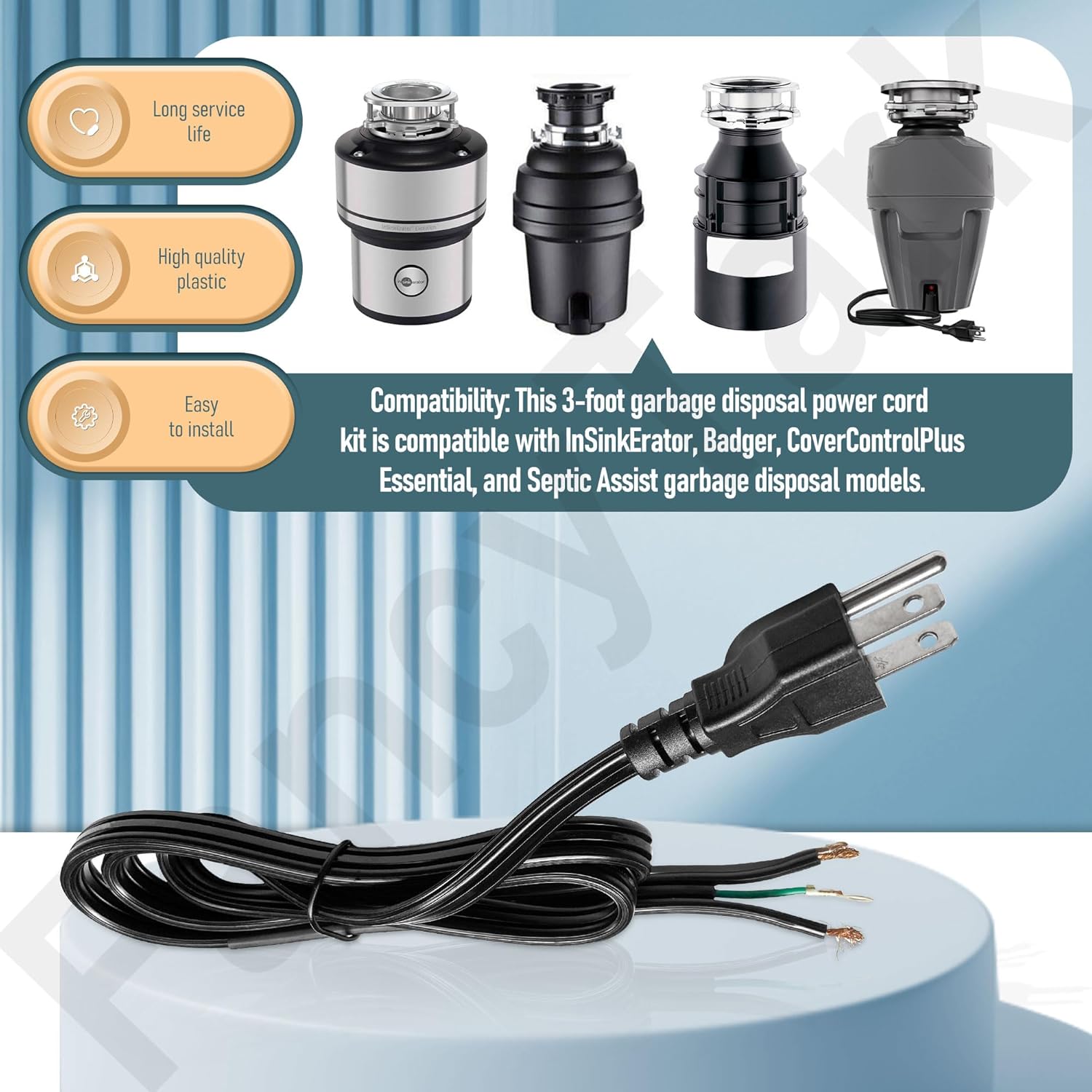 3 Foot CRD-00 Garbage Disposal Power Cord Compatible with InSinkErator, Badger, CoverControlPlus, Essential, Septic Assist Garbage Disposal Model
