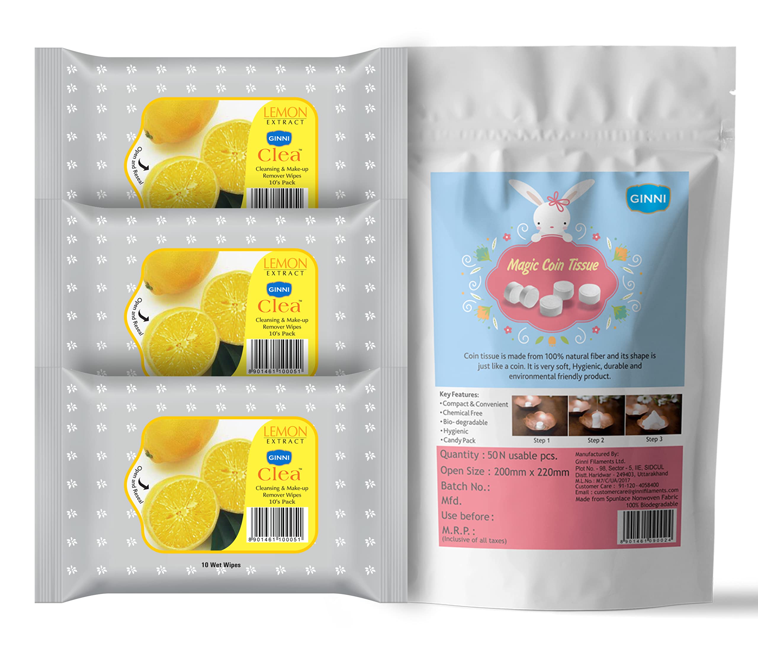 Ginni Magic Coin tissues (50 Pcs) | Clea Makeup Remover Cleansing Wipes with Lemon (Pack of 3, 10 Wipes/Pack)-image-47