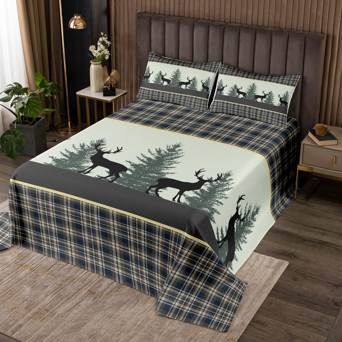 Rustic Farmhouse Quilt Bedding Set Queen Size,Deer Antler Wild Animals Hunt Cabin Bedspread Coverlet for Girls Teens,Pine Plant Retro Country Checkered Soft Polyester Quilt Set, All Season