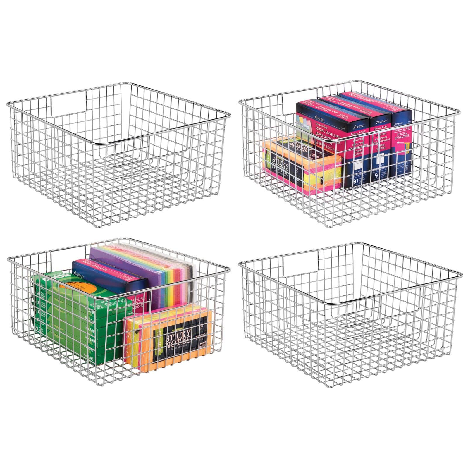 mDesign Organizer scrivania per posta, carte e cancelleria – Cesta metallo per uffici, scuola, camere da letto, cucine, bagni, garage – Cesta portaoggetti con manici incorporati – Set da 4 – cromato