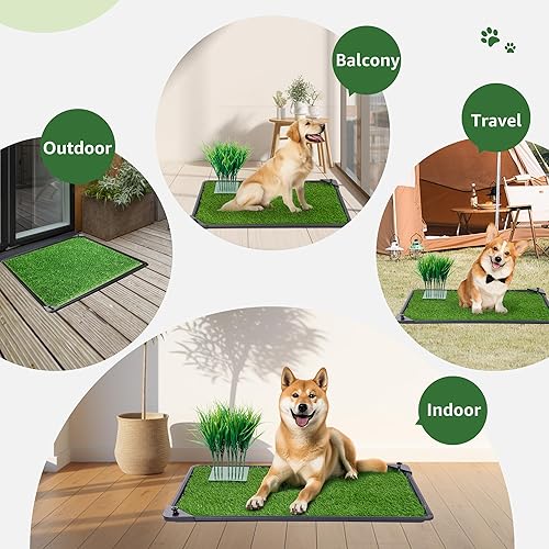 Miniatura 7 de Almohadilla de césped para perro con bandeja, parche de césped artificial con poste de orina para perros, tapete lavable para orina de cachorro,