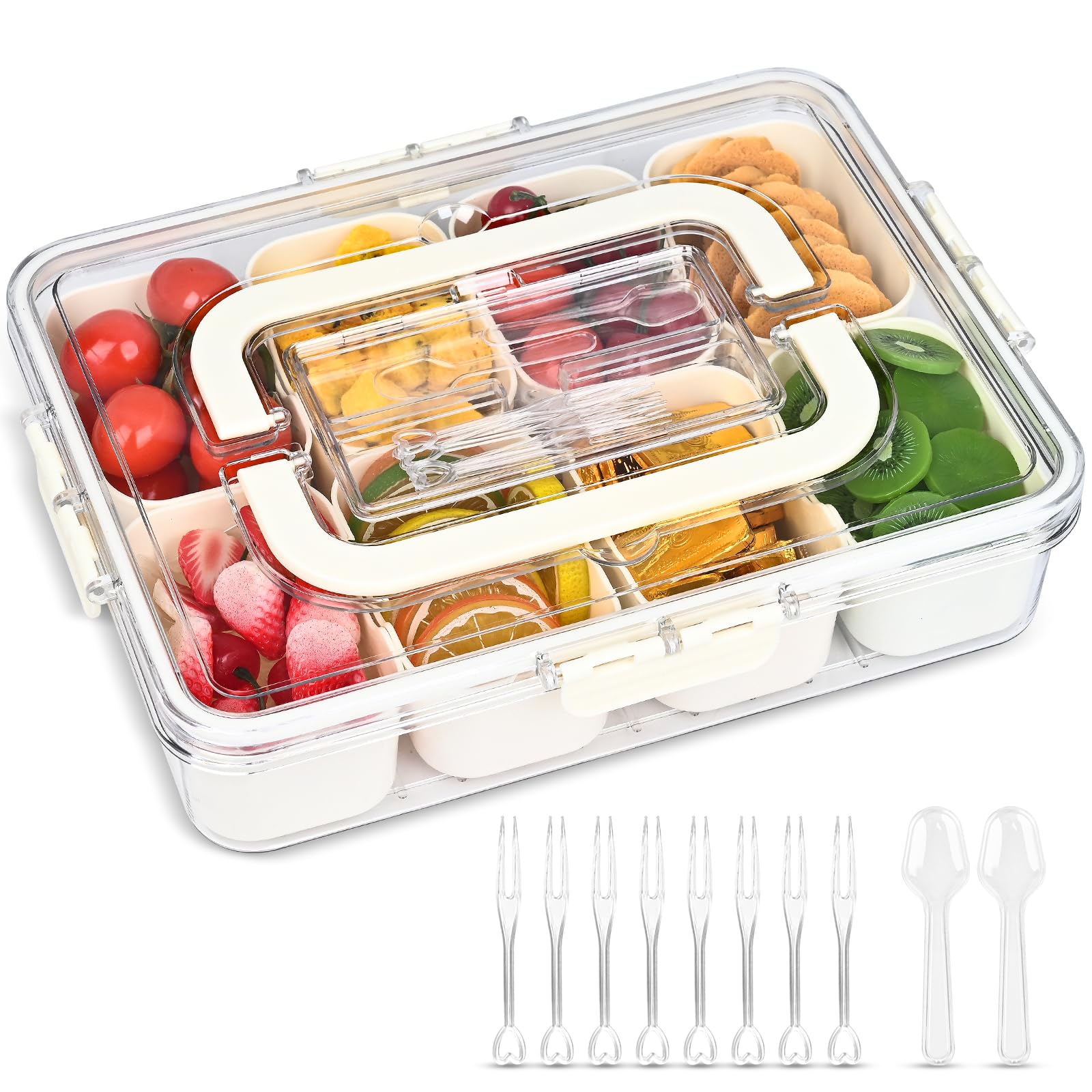 Linn'sCollection Recipiente para aperitivos con almacenamiento de cubiertos, bandeja de frutas, bandeja dividida con tapa y asa, contenedor portátil para aperitivos, contenedor de aperitivos de 8