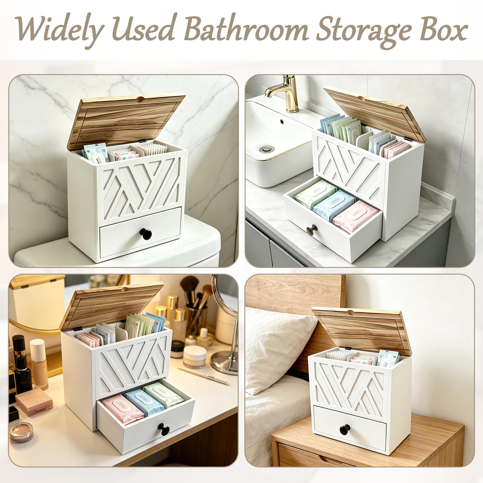 Tampon Aufbewahrung, 3 Fächer Binden Aufbewahrung Slipeinlagen Box Badezimmer Organizer mit Schubladen und Deckel Vielseitige Holz Aufbewahrungsbox für Wattepads Wattestäbchen Tampons und Binden