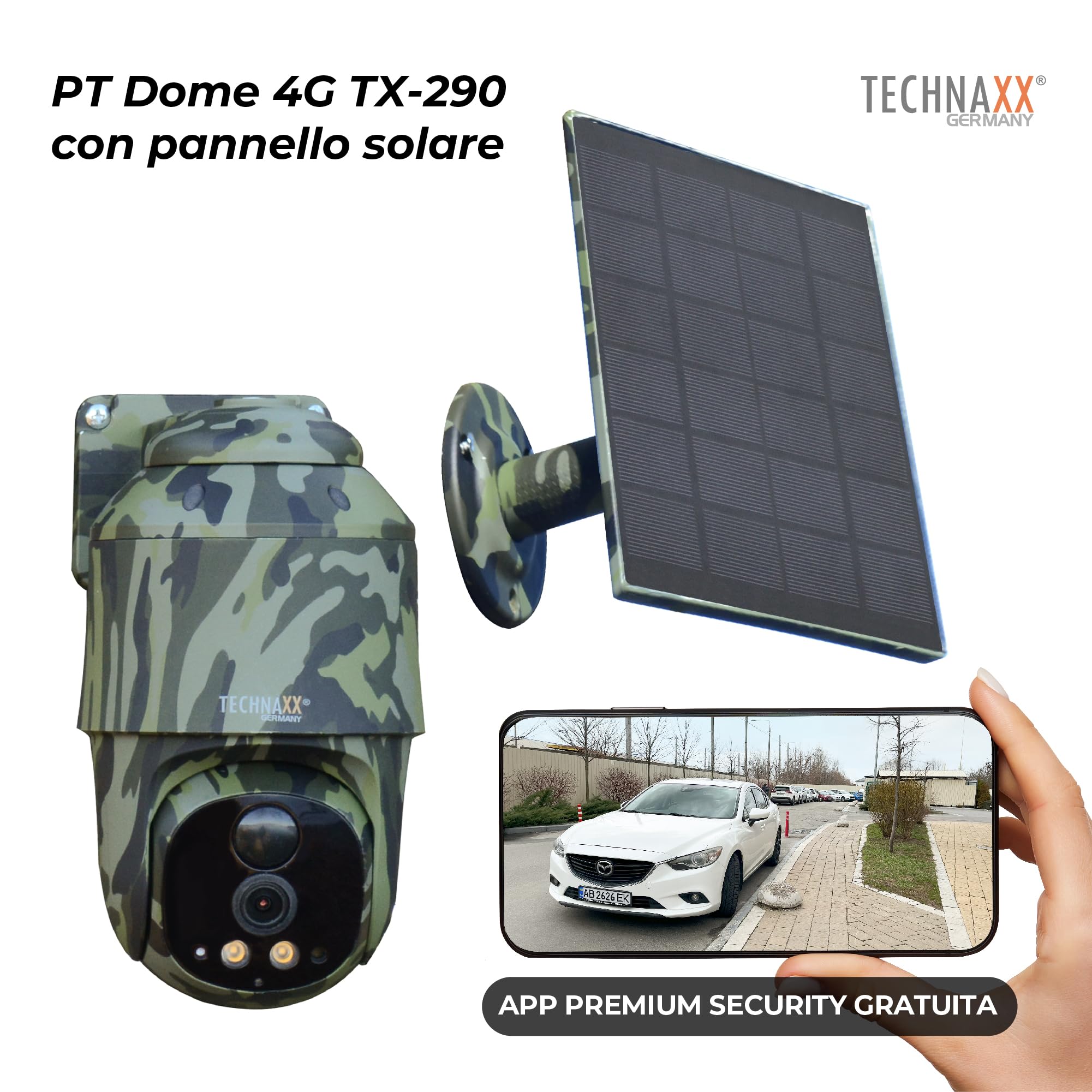 Technaxx Telecamera PT 4G da esterno con pannello solare 5W, 4MP, PIR, PTZ 360°, IP65 TX-290