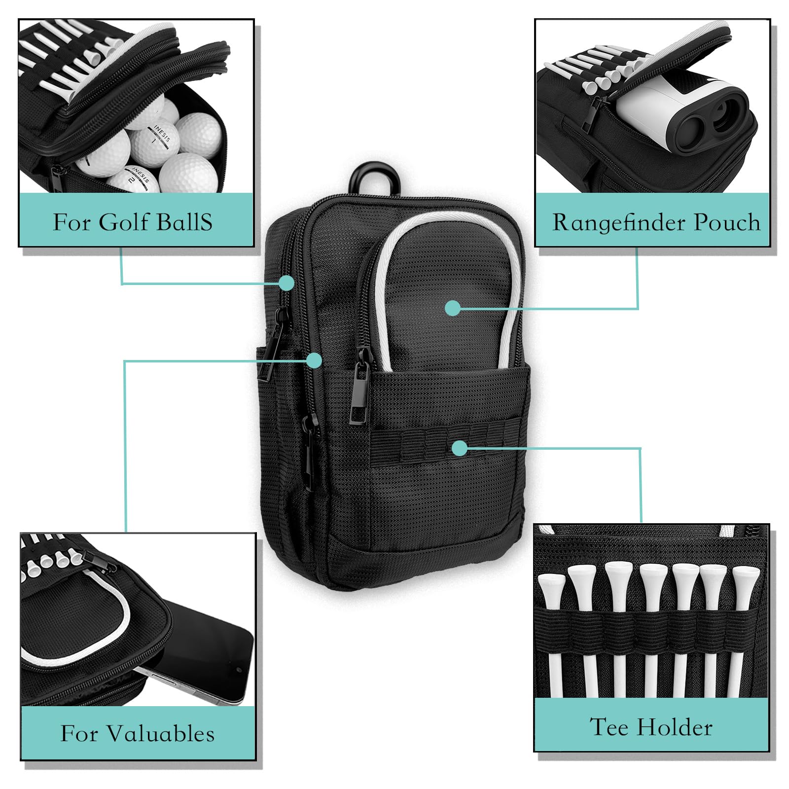 Taktische Golf-Tasche mit Karabiner, wasserabweisend, für Gürtel, Wagen oder Rucksack, kompakte Zubehörtasche für Bälle, Tees, Handschuhe und EDC-Ausrüstung, Schwarz