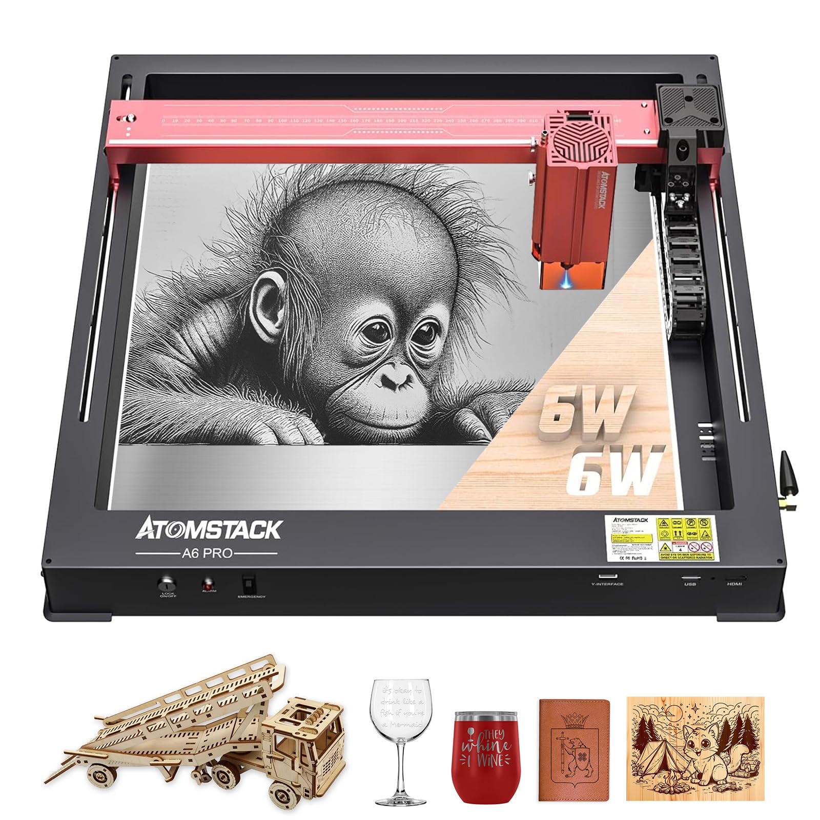 ATOMSTACK MAKER Máquina de grabado láser A6 Pro, 6 W de potencia láser, grabado láser, 0,05 x 0,05 mm, punto láser, grabado láser para madera, metal, acrílico, vinilo, rompecabezas de madera 3D,