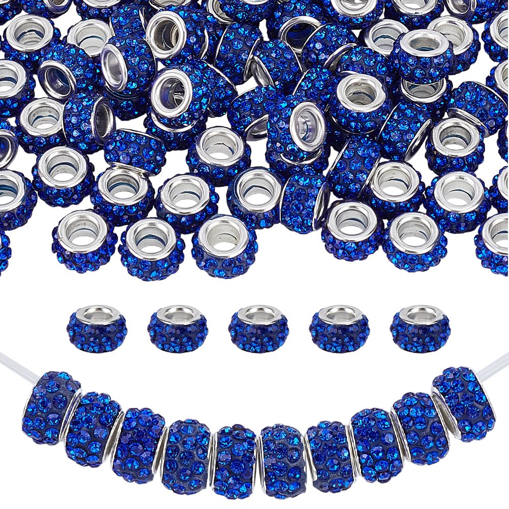 PONABEADIY 1 Box 80pcs Large Hole Blue Rhinestone Beads Big Holes Sparkly European Spacer Rondelle Charms Loose Bead Bulk for Jewellery Making Bracelets Beadable Pens Hair Braids DIY Crafts Supply