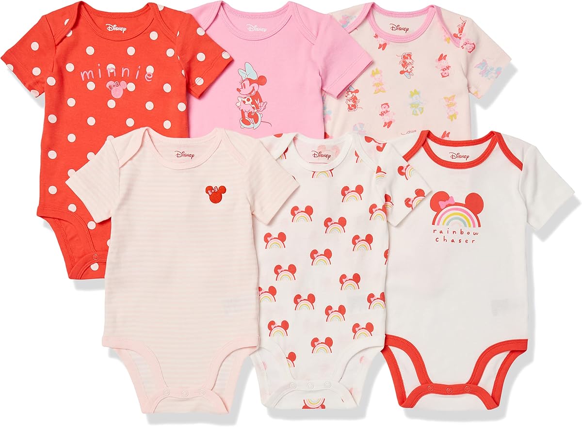Amazon Essentials Disney | Marvel | Star Wars | Princess Baby Girls' Cotton Knit Short-Sleeve Bodysuits, Pack of 6