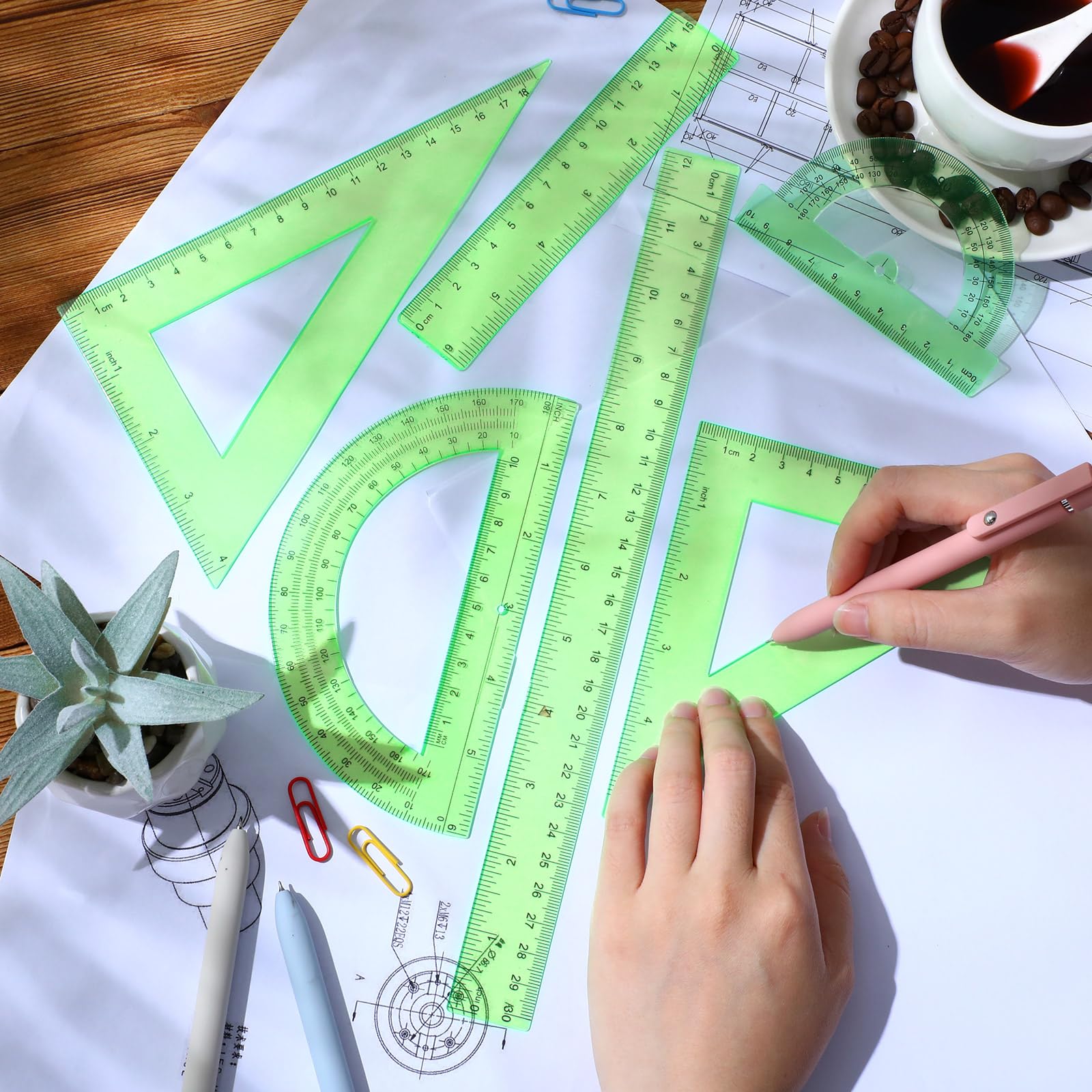SHINEOFI Geodriehoek Set – 4 Stuks, Plastic Liniaal, Gradenboog En Driehoeken, Groen, Voor School En Kantoor