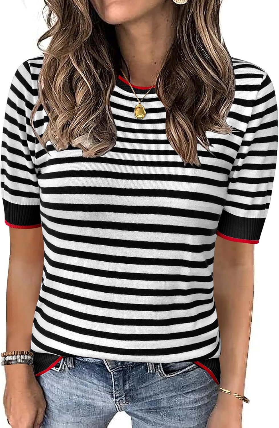 Zeagoo Womens Summer Tops Casual Short Sleeve Striped Sweater Shirt Crewneck Color Block Knit Blouses