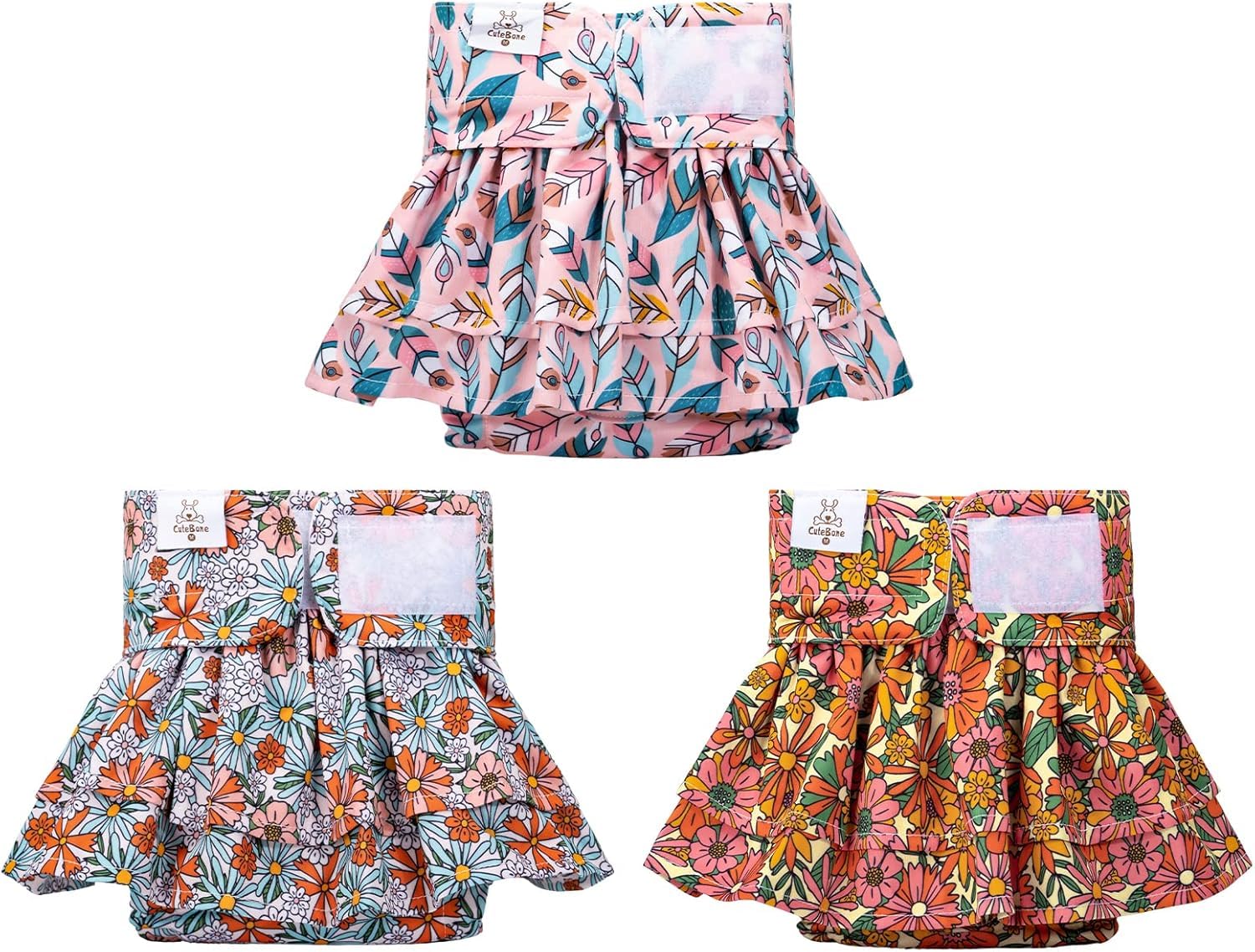 CuteBone Female Dog Diapers with Skirts 3 Pack Reusable Puppy Dresses Pants for Heat Cycle Period QBD12L