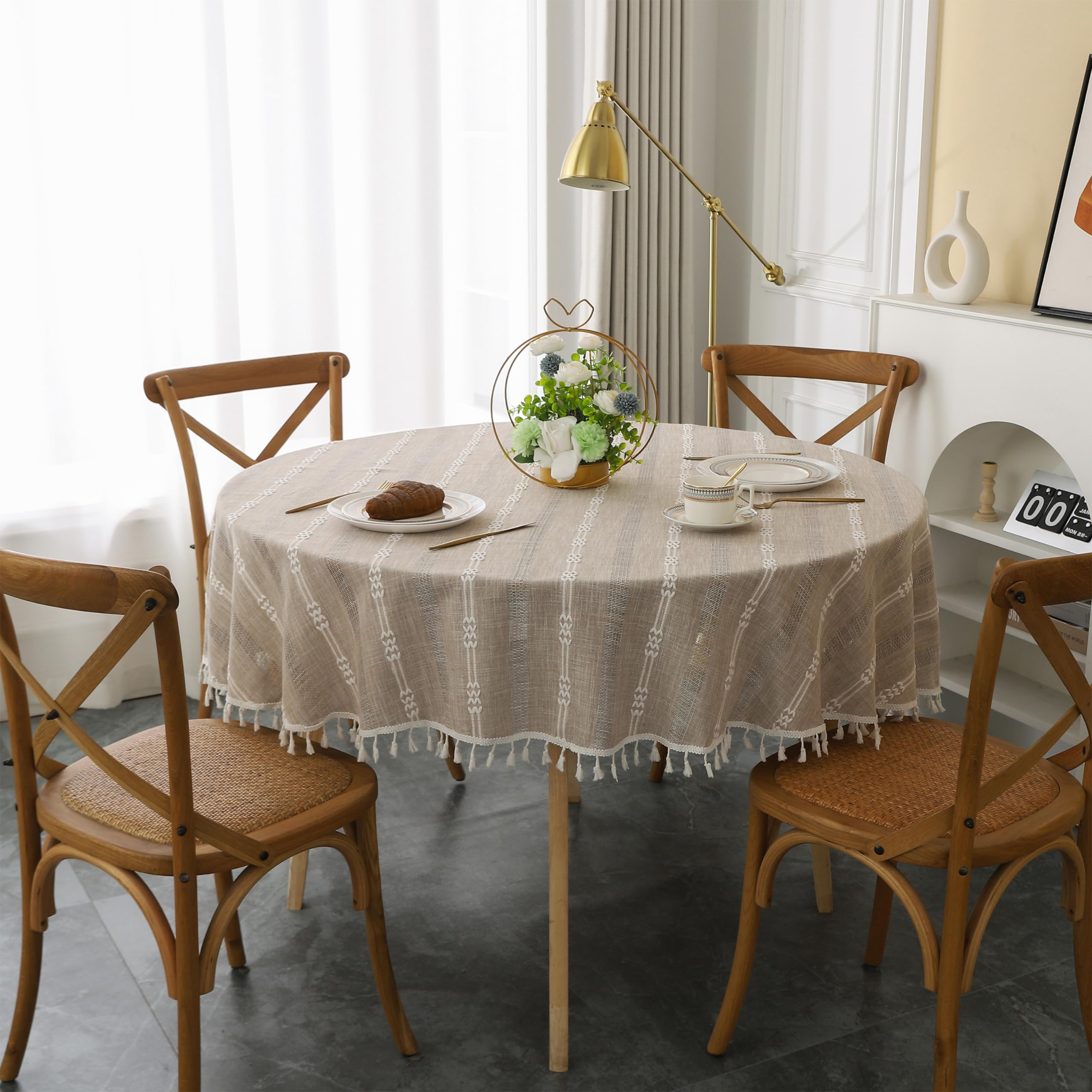 Gernaice Rustic Stripe Embroidered Round Tablecloth Heavy Tassel Cotton Linen Table Cloth Wrinkle Free Washable Table Cover for Kitchen Dinning Party