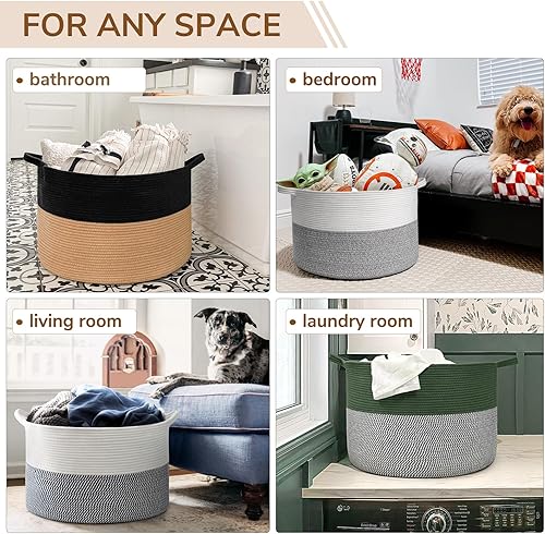 Vista 12 de INDRESSME - Canasta extragrande para ropa sucia de cuerda de algodón, cesta tejida decorativa con asas para guardería y sala, contenedor para Gris