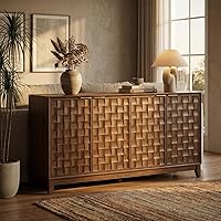 COLAMY 60" Modern Sideboard Buffet Cabinet with 3D Checkerboard Doors, Solid Pine Wood Legs, Dark Walnut Kitchen Credenza Storage