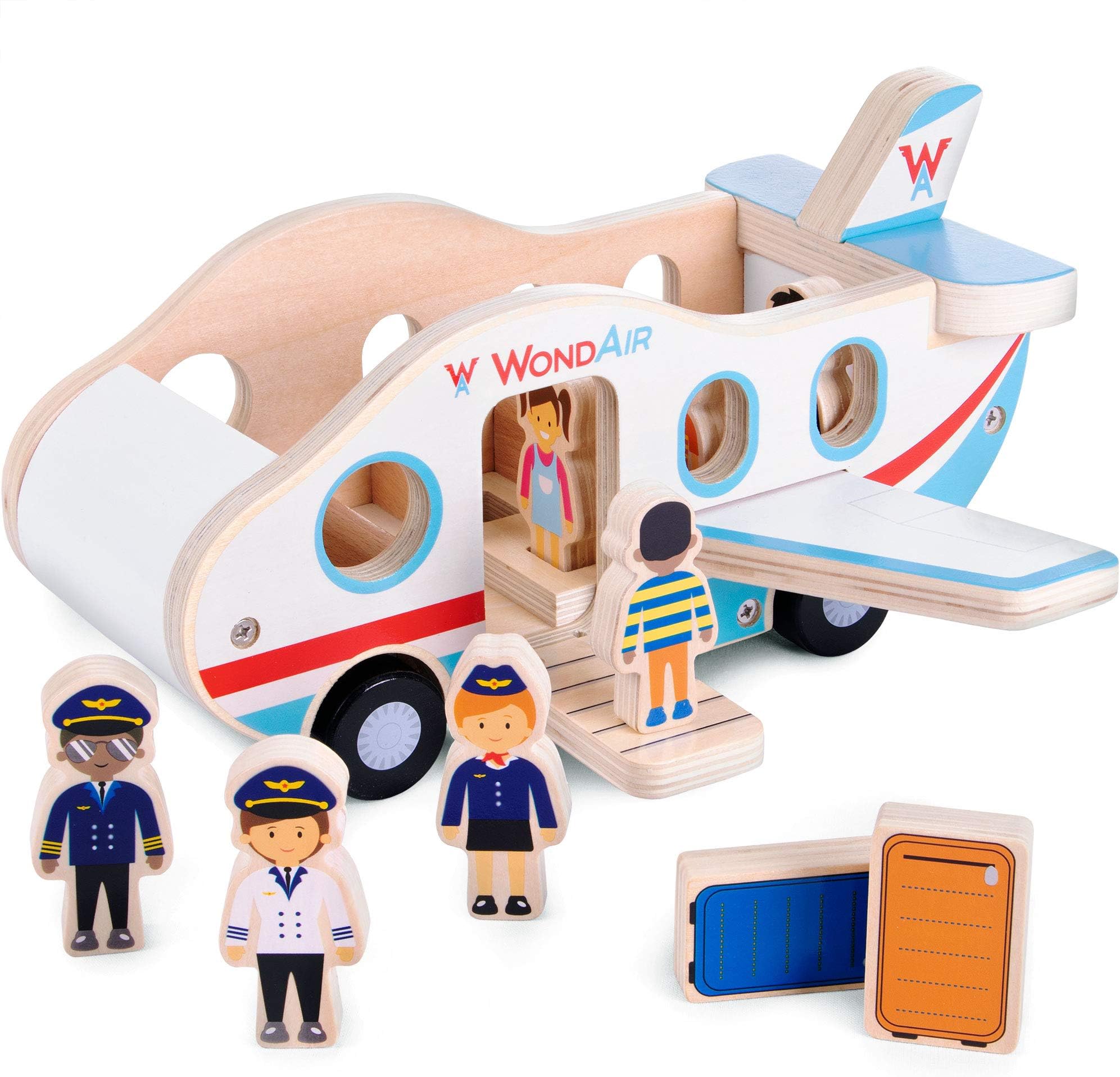 WondAir Passenger Jet Playset - Wooden Toy Airplane with 8 Figurines of Pilots, Crew, People, and Luggage Accessories - Push Along Vehicles, Open Ended Play for Toddler, Babies, Boys and Girls