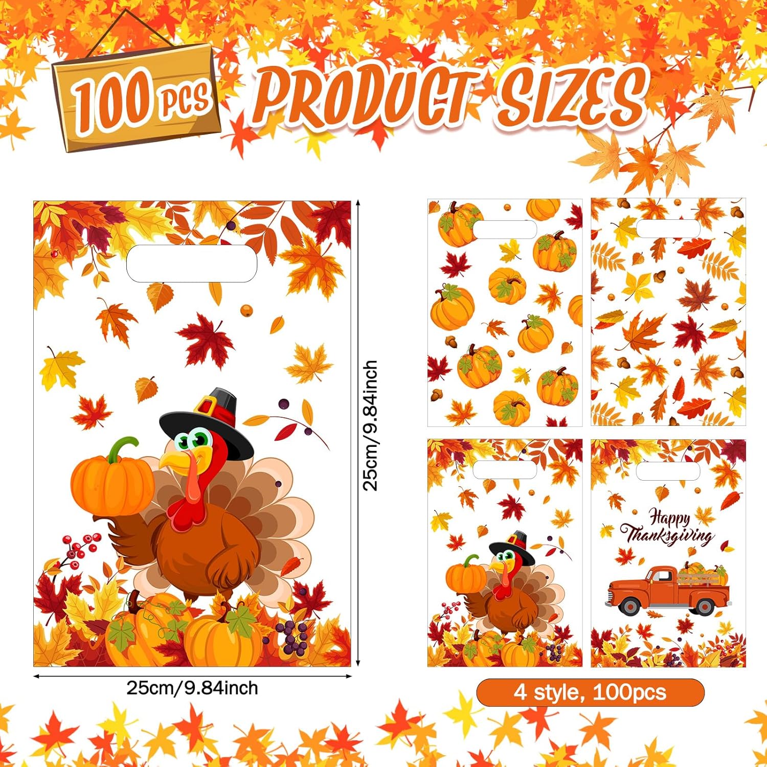 100 Pcs Thanksgiving Treat Bags with Handles Happy Thanksgiving Plastic Gift Favor Leaves Pumpkin Turkey Goody Candy Bags for Fall Autumn Party Supplies (Clear) - Image 2