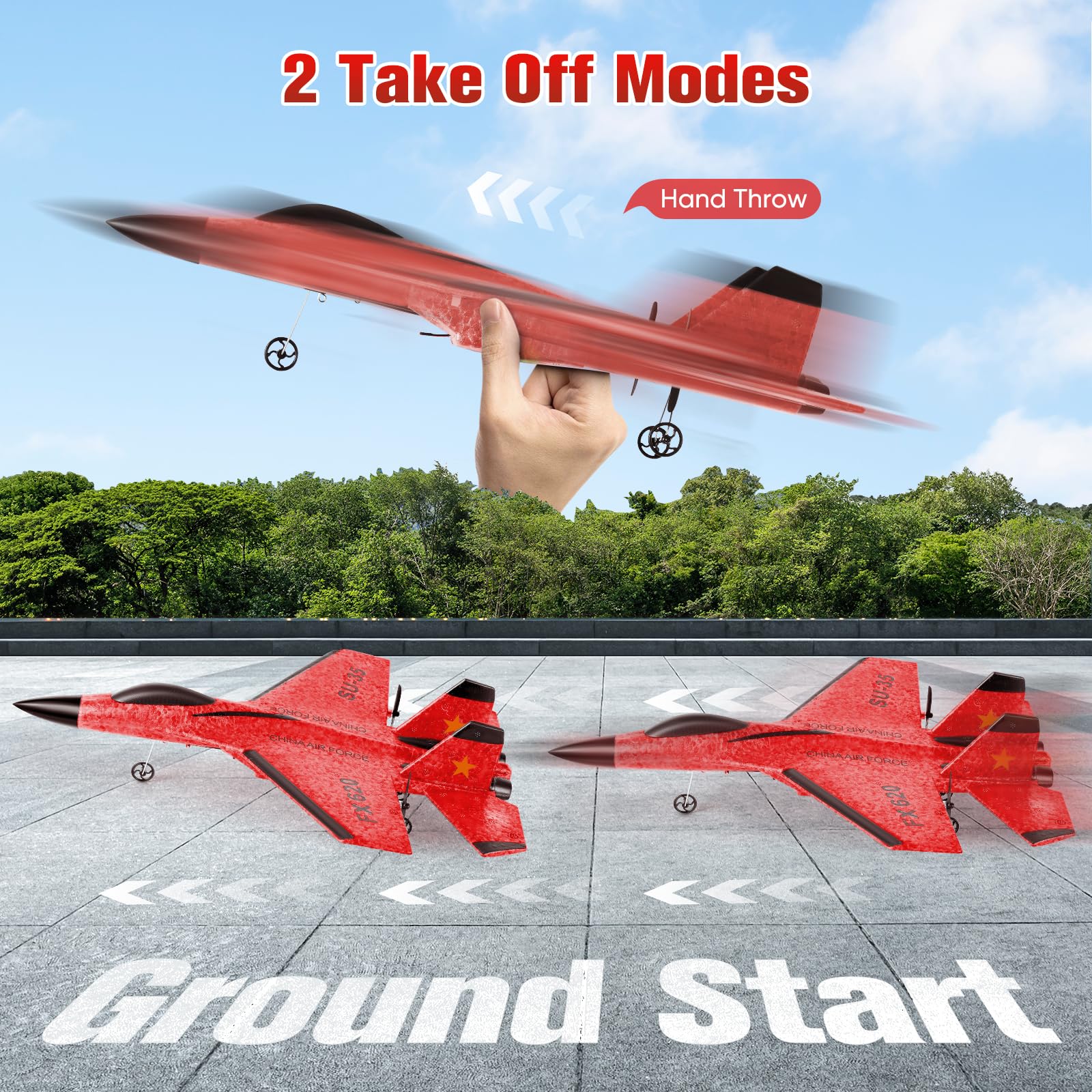 Avion RC 2,4 GHz Télécommandé avec Gyro 3 Axes, Avion de Combat en Mousse 2 Canaux, 2 Batteries LED, Rouge