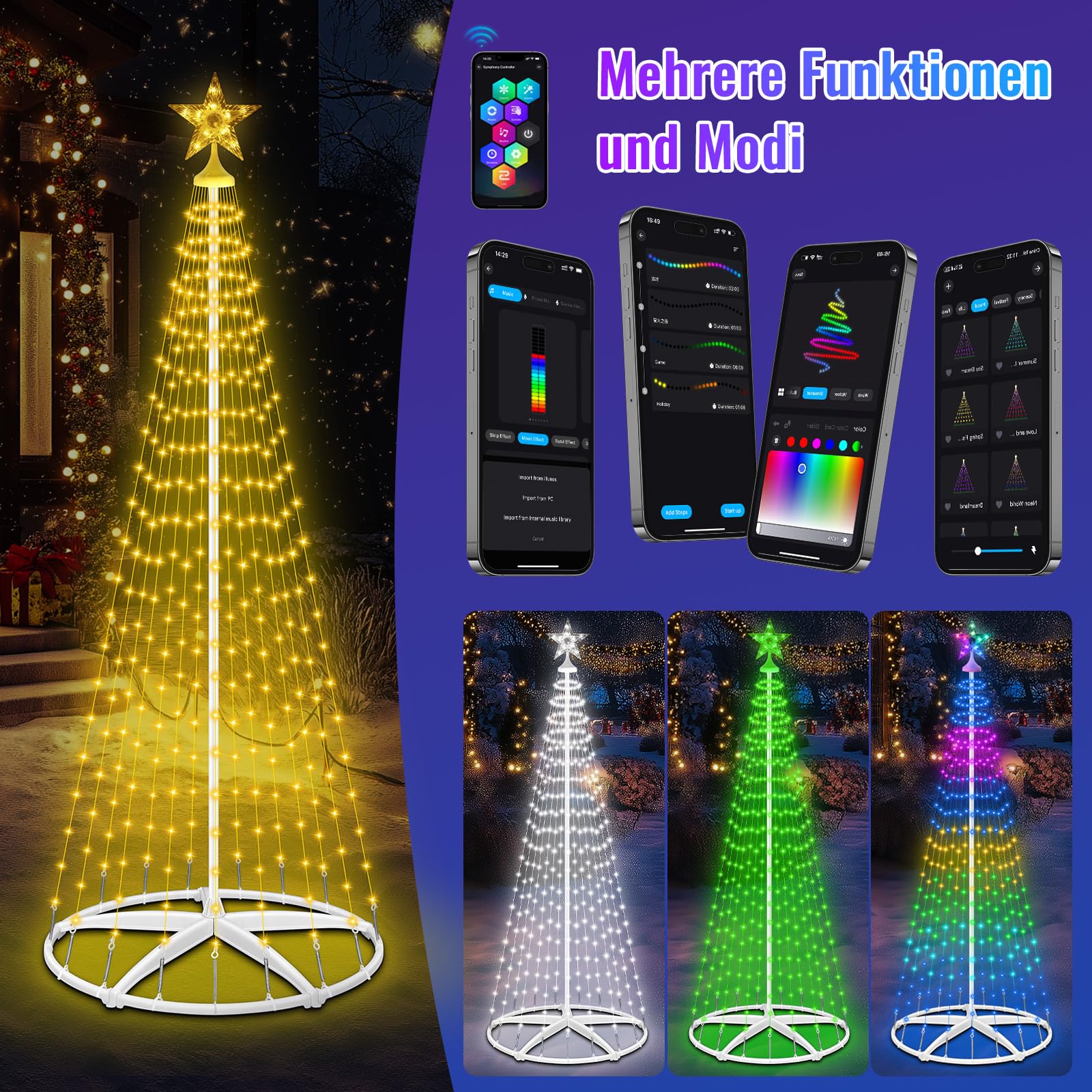Árbol de Navidad con 310 luces LED, RGB, decoración navideña con temporizador, brillo, modo de música, control remoto, aplicación, guirnalda de luces para jardín, balcón, decoración navideña