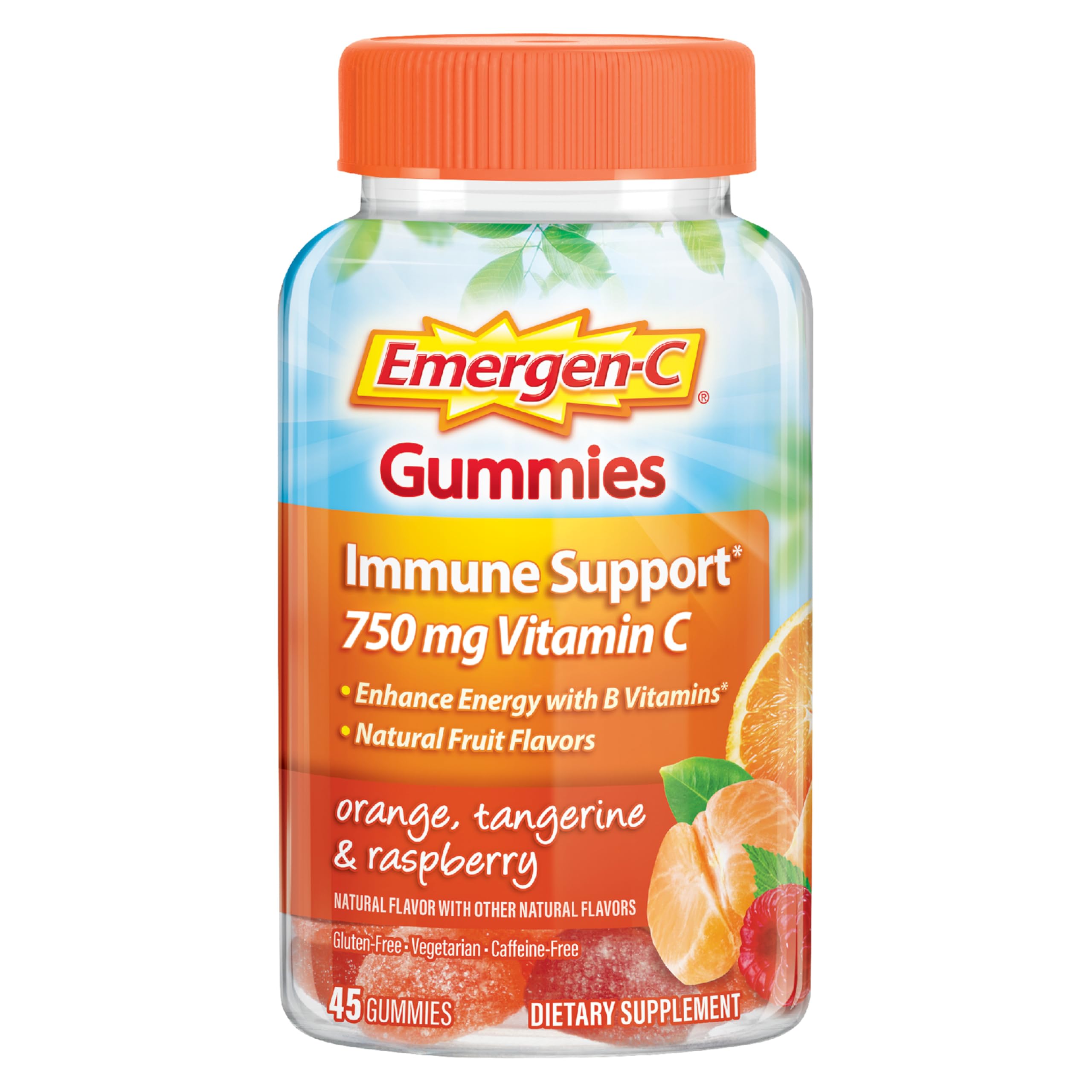 Emergen-C750mg Vitamin C Gummies for Adults, Immunity Gummies with B Vitamins, Gluten Free, Orange, Tangerine and Raspberry Flavors - 45 Count