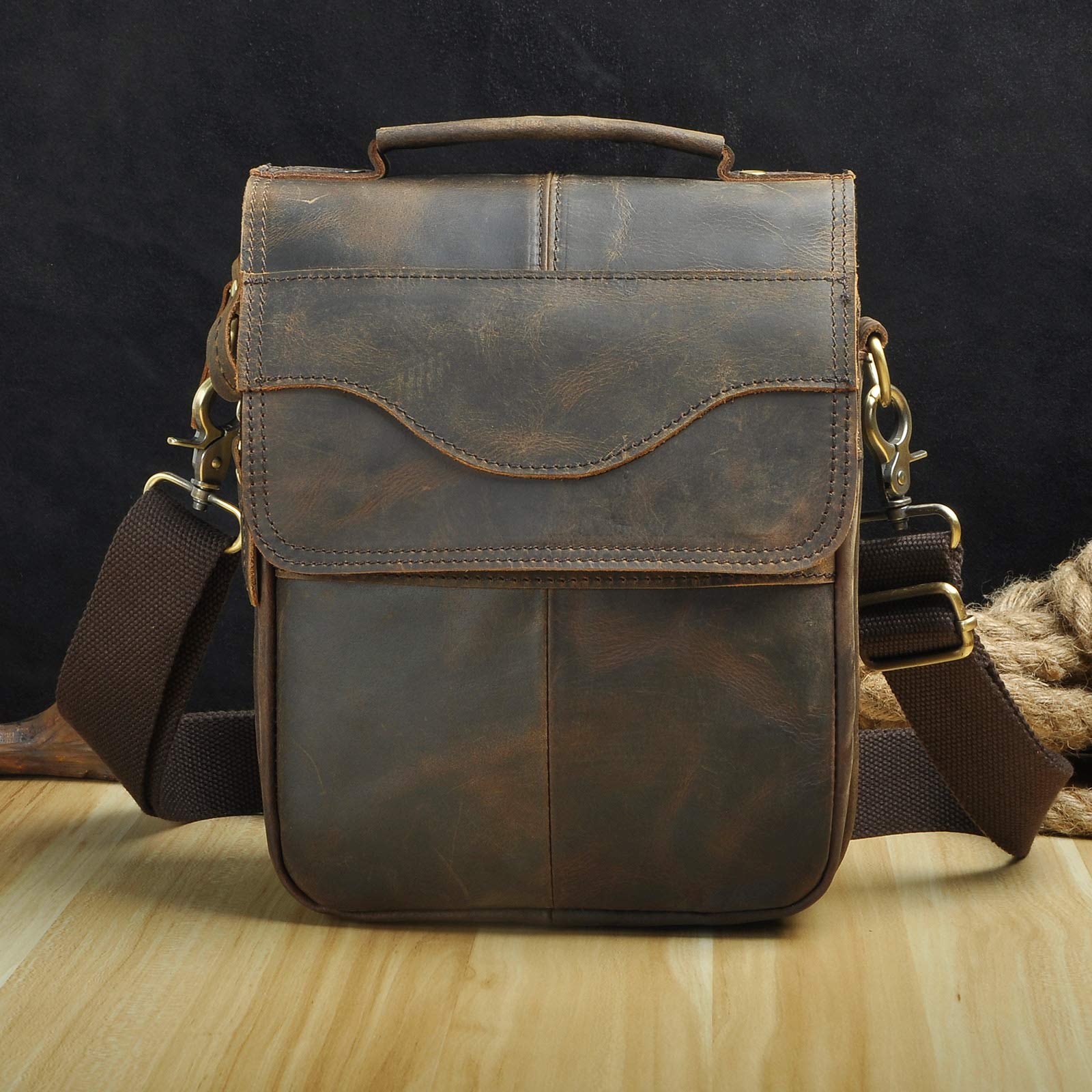Le'aokuu Hombres Crazy Horse Piel Marrón Satchel Vintage Bolso cruzado Bolso bandolera Bolsa de mensajero 144 (144 A marrón)