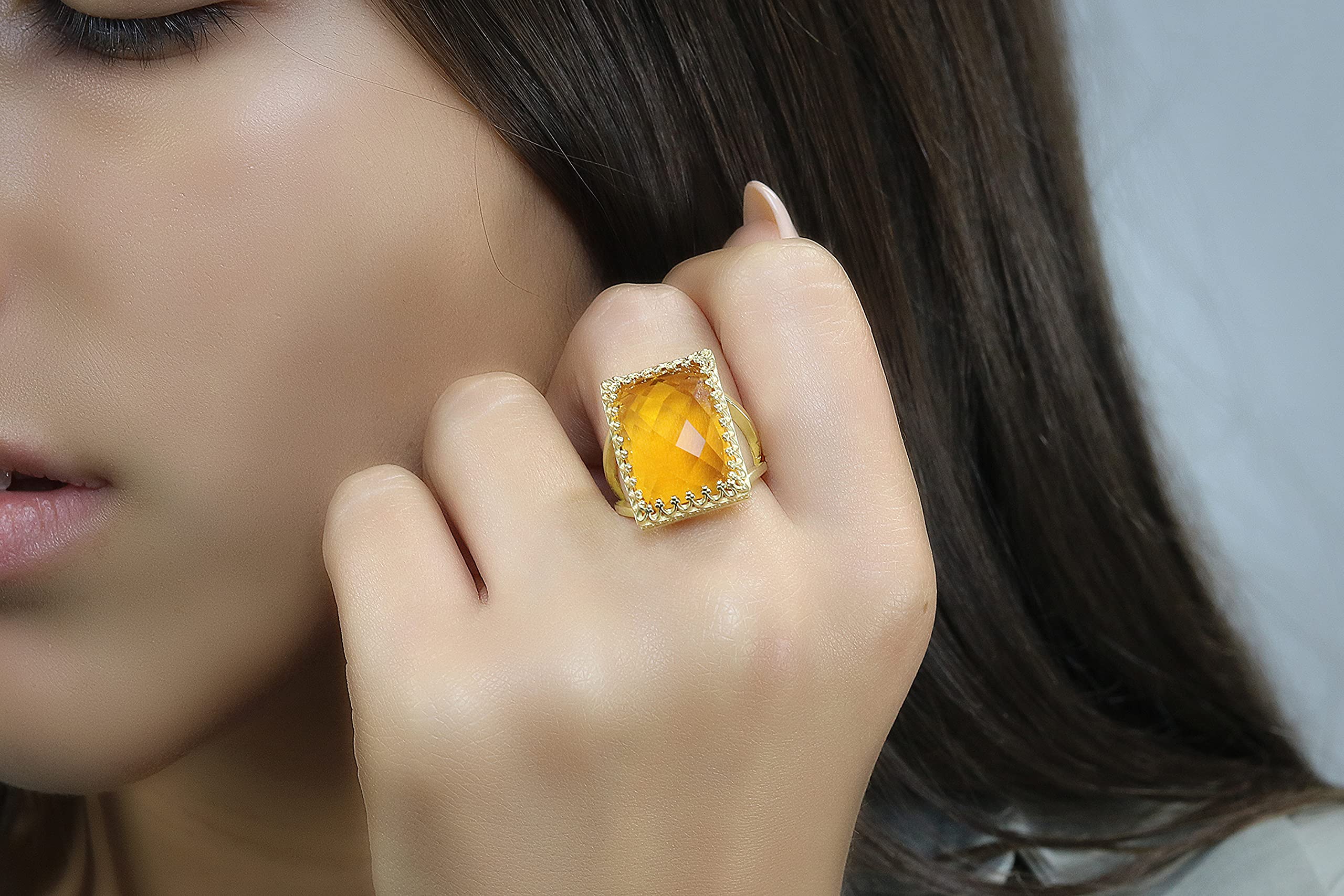 Anillo Anémona Citrino Brillante - Joyería de Moda para Mujer - Anillo de Cristal Grande Hecho a Mano