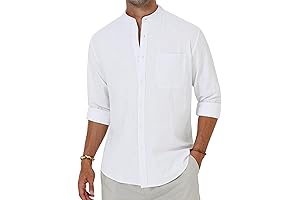 Men's Long Sleeve Mandarin Collar Cotton Linen Button Down Beach Shirt