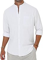 Alimens & Gentle Men's Cotton Linen Long Sleeve Band Collar Shirt - Breathable Beach Button-Down for Summer Vacations