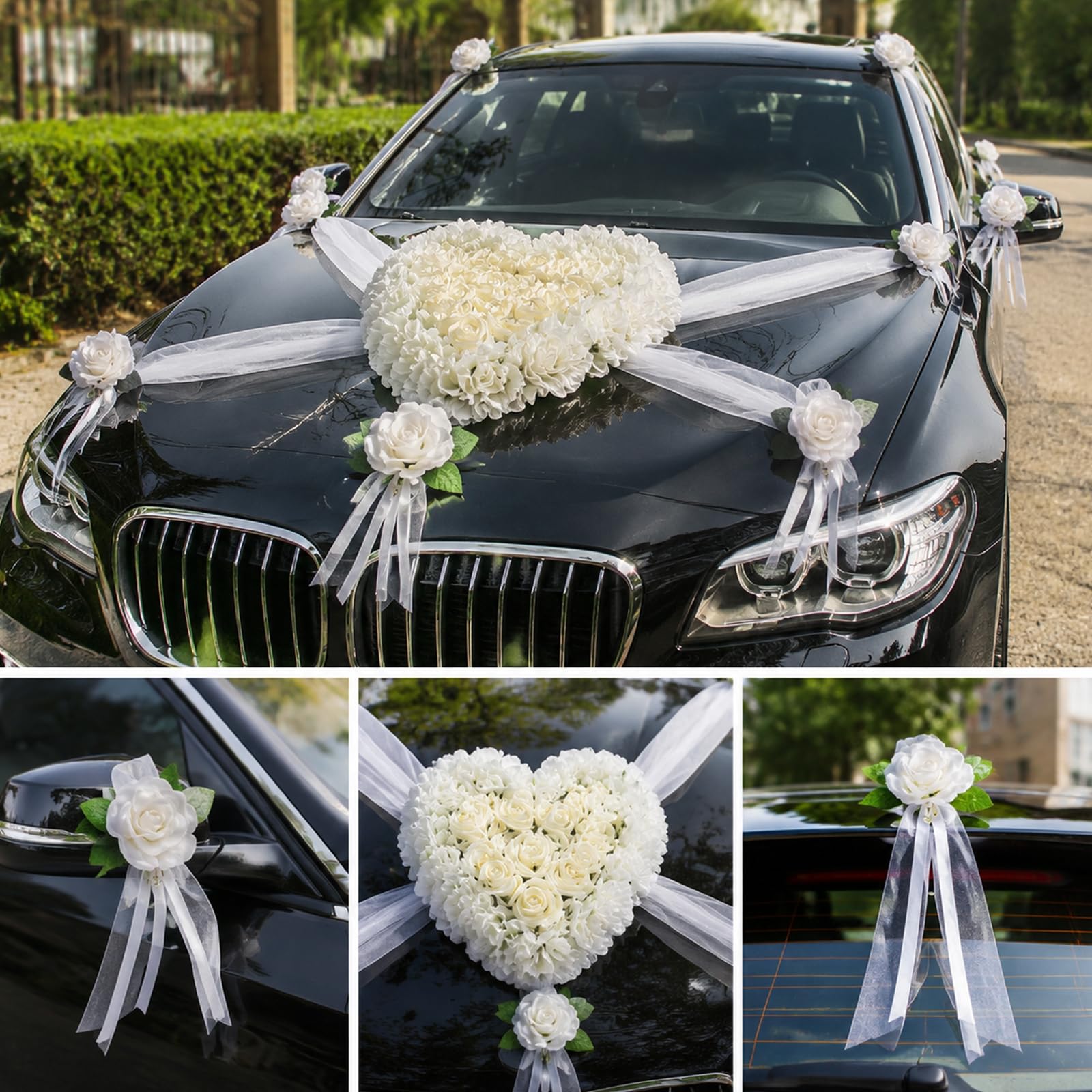 Herz Autoschmuck Hochzeit Set, Organza Girlanden & Rosen-Schleifen | 35cm Herzblumen-Deko, 8 Rosen-Schleifen, 2x180cm Organza-Bänder, starke Saugnäpfe, lackschonend, wiederverwendbar Brautauto