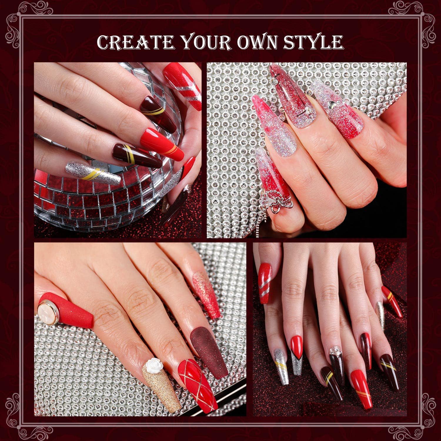 Aokitec Set di 14 smalti in polvere per unghie, 8 colori, collezione Fatal Kiss, polvere acrilica per immersione e liquido, con base e top coat, attivatore per pennelli, per french nail art, manicure,