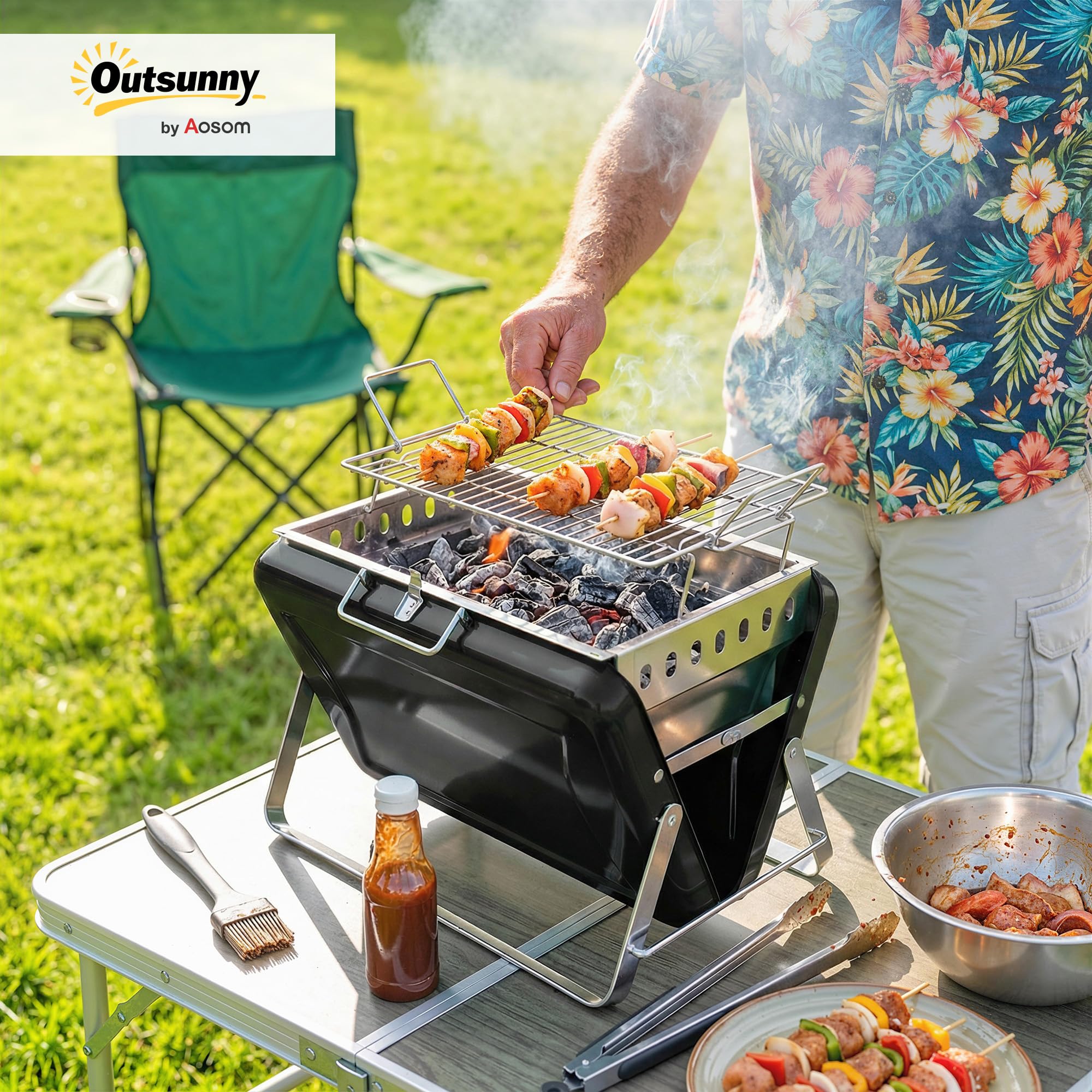 Outsunny Barbacoa portátil de carbón Plegable Negro | Con asa, patas plegables, para camping, jardín, cocina al aire libre.