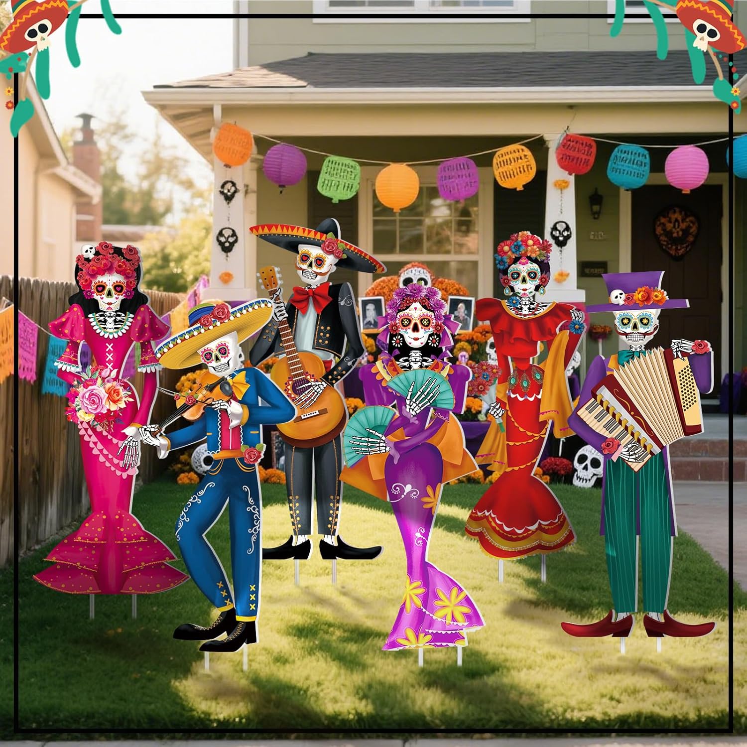 Tioncy 6 Pcs Day of The Dead Yard Decorations Outdoor Dia De Los Muertos Outside Yard Signs with Stakes String Lights Halloween Sugar Skull Couple Skeleton Decor for Mexican Fiesta Party Lawn Garden