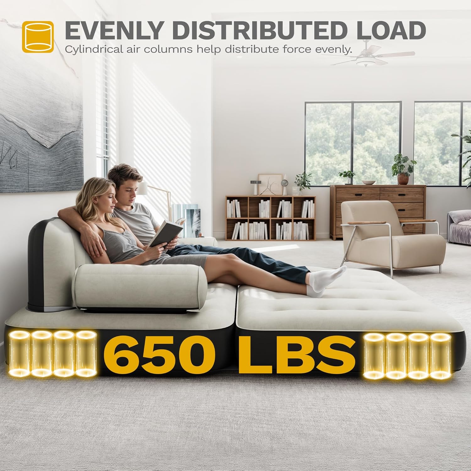 DWVO Air Sofa Bed Mattress with Headboard, Queen Size Inflatable Sofa Bed with Pump & Cup Holders, Blow Up Couch for Home/Apartment/Camping, Gray & Black