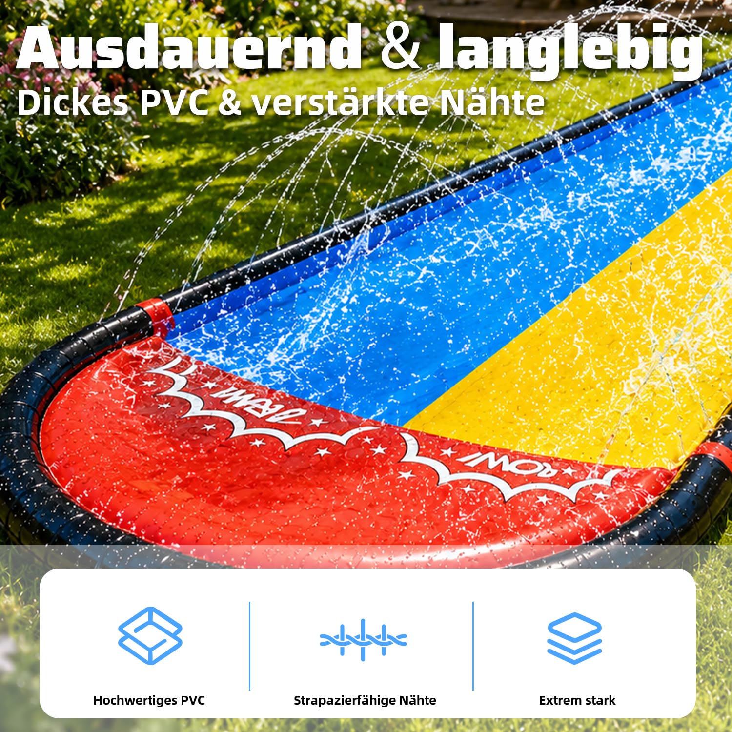 Wasserrutsche 15.75ft/480cm mit 2 Bodyboards eingebautem Sprinkler für Kinder Blau Gelb