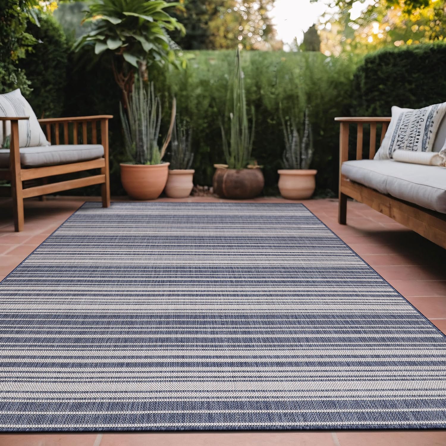 Luul Home Stripe Outdoor Rug 10x14 Washable Outside Carpet for Indoor Patio Porch Waterproof Easy Cleaning Non Shedding Area Rugs Blue 10 x 14