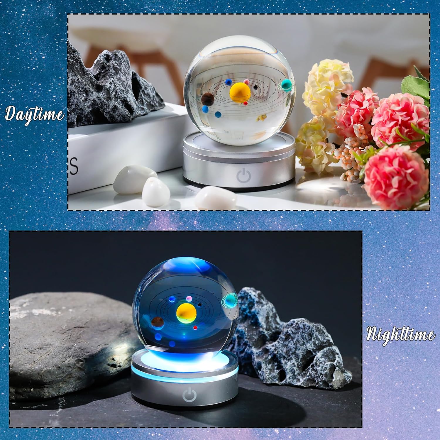 3.15in. 3D Solar System Crystal Ball, Outer Space Astronomy Gifts for Men Him with LED Light Base, Unique Space Gifts for Birthday Dad Physics Science Teacher Night Light Planet Lamp
