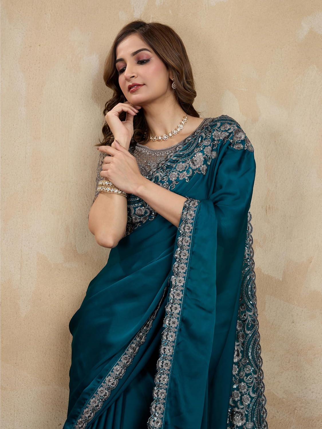 TRENDMALLS Women's Art Silk Embroidery With Sequence Work Saree with Unstitched Blouse For Women