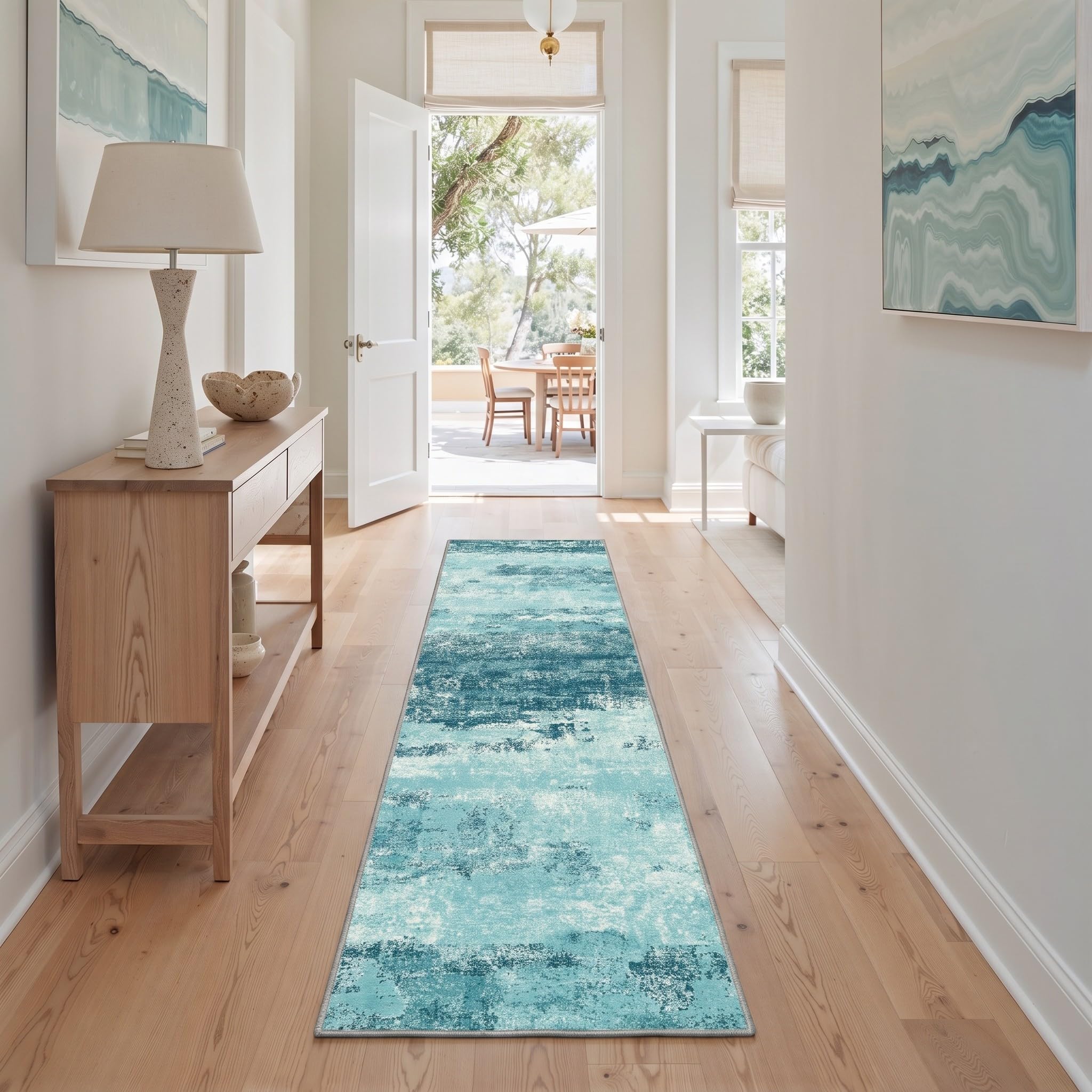 BEIMO 2x10 Teal Abstract Runner Rug, Washable Non-Slip for Hallway